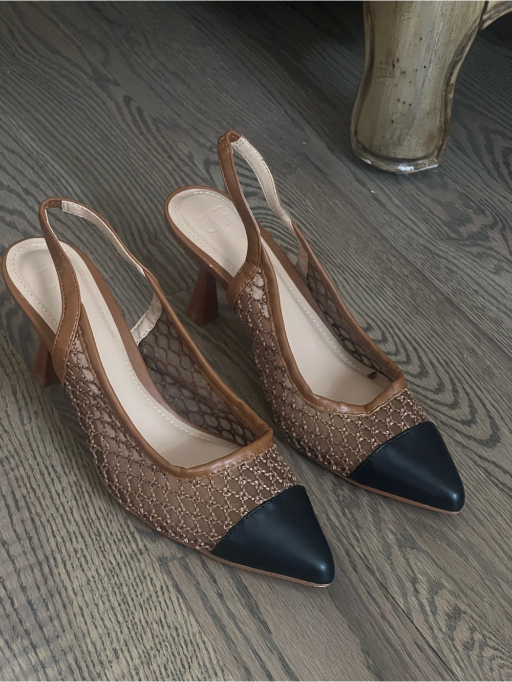Shoe Dazzle Brown Mesh Slingback Heels with Black Pointed Toe Cap